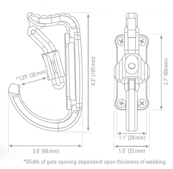 Materialkarabiner RockExotica Transporter Abmessungen Grafik